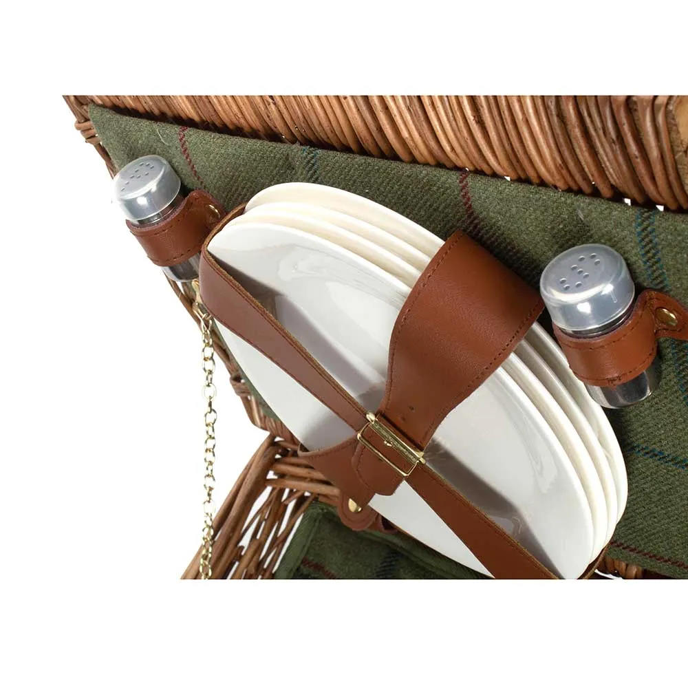 Four Person Fully Fitted Lidded Picnic Basket Hamper in Green Tweed 126 by Willow